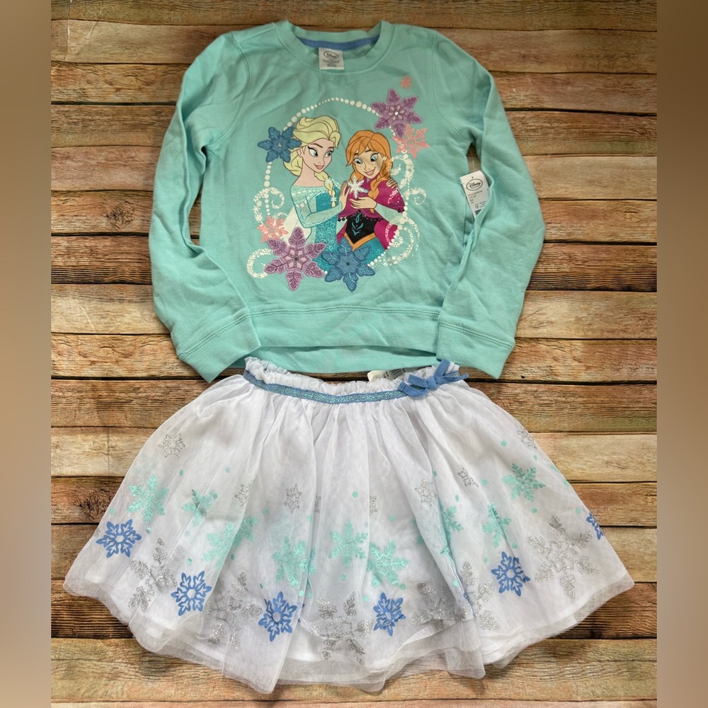 NWT Disney Girls Aqua Frozen Elsa Anna Sweatshirt and White Snowflake Skirt Set
